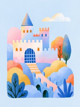 Colorful Illustration of a Whimsical Castle on a Hilly Landscape with Vibrant Plants and Trees