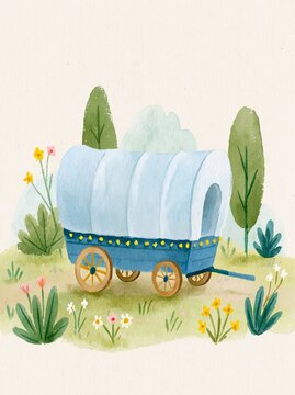Illustrated Old West Covered Wagon in a Field