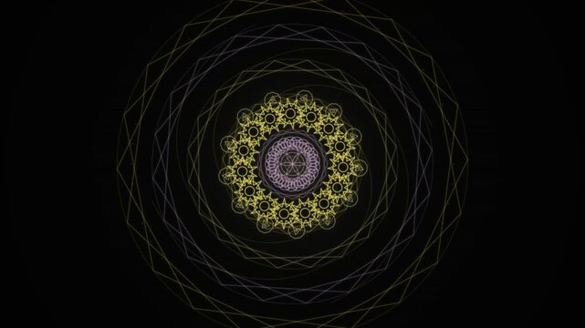 A glowing mandala pattern creates a mesmerizing loop effect against a dark background.