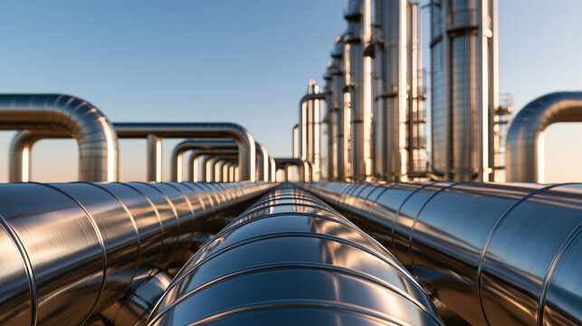 Modern industrial processing facility featuring long row of polished steel pipe and towering distillation column under blue sky