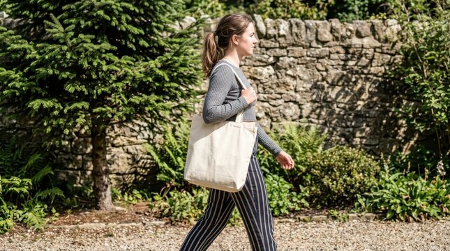 Young Woman Walking Outdoors Carrying a Blank Canvas Tote Bag for Eco-Friendly Shopping and Sustainable Lifestyle