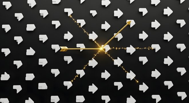 Golden arrow bravely charts its unique path among many white arrows