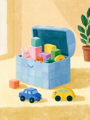 Obraz premium Colorful Toy Box on Table with Toys and Cars