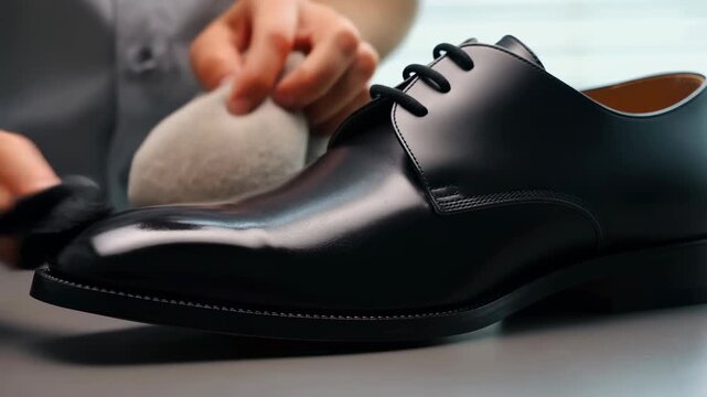 Hands polish a black leather lace-up dress shoe with a round brush, moving across the toe and vamp as the smooth surface develops a bright reflective shine on a tabletop
