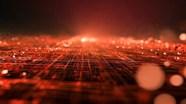 Cybersecurity threat alert concept featuring glowing red data grid and digital matrix particles