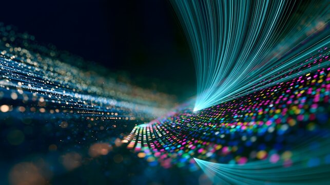 High speed telecommunication network conceptualized by glowing data streams merging into a vibrant digital information grid