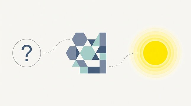 Infographic concept showing a process flow from a question mark to a geometric mosaic shape and a glowing sun