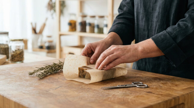 Handcrafted soap packaging on wooden table, natural wrap and herb sprig