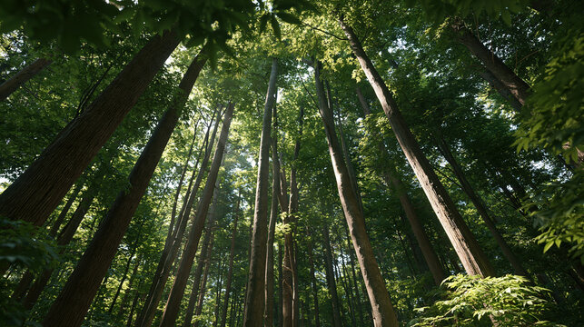 Woodland ecosystem viewed upward through tall green tree canopy, creating peaceful natural forest scene with filtered sunlight