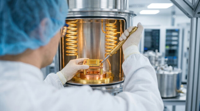 Cryogenic chip mount quantum processor laboratory technician cleanroom microchip gold stainless steel precision