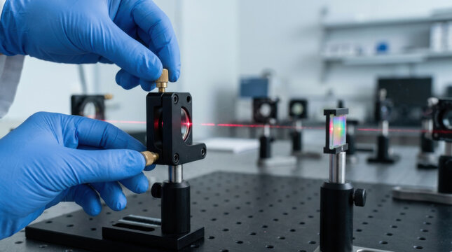 Photonic crystal waveguide laser alignment in laboratory with blue glove hands adjusting optical device and beam path