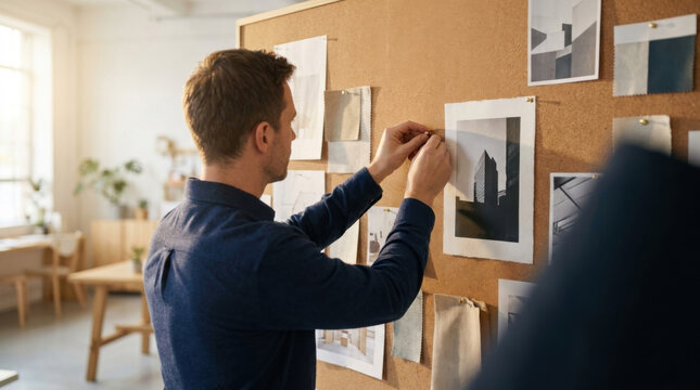 Creative pinning campaign visual, man arranging photo prints on cork board in studio space with collage planning mood