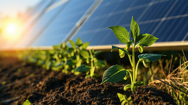 Young green plant growing in fertile soil beside solar panel under sunlight, symbolizing clean energy agriculture and sustainable farming
