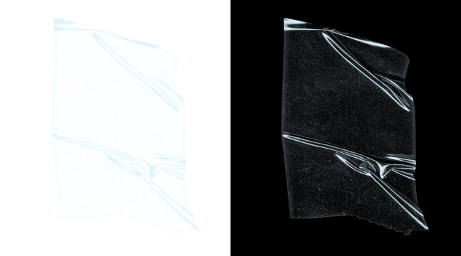 Transparent plastic wrap texture, wrinkled cellophane overlay on black background, realistic polyethylene film with creases and light reflections