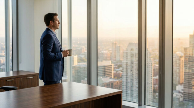 Office window skyline city sunrise suit mug executive strategy view tower high rise