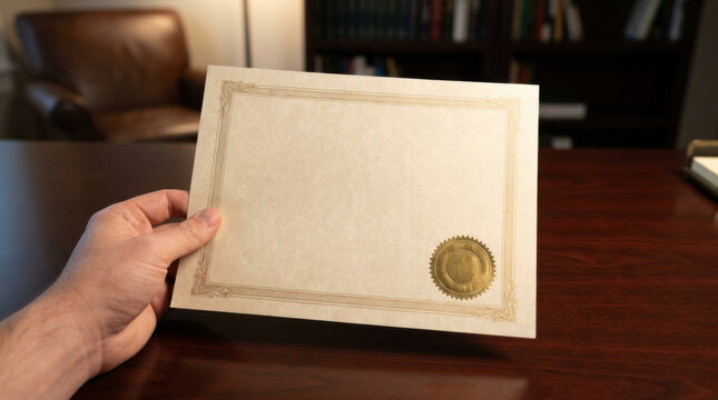 Embossed certificate paper with hand in office