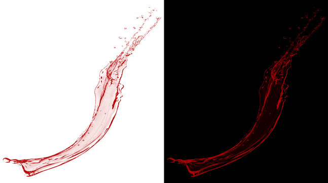 Red wine splash on white and black background, dynamic liquid wave with droplets, realistic grape juice pour for beverage advertising and menu design