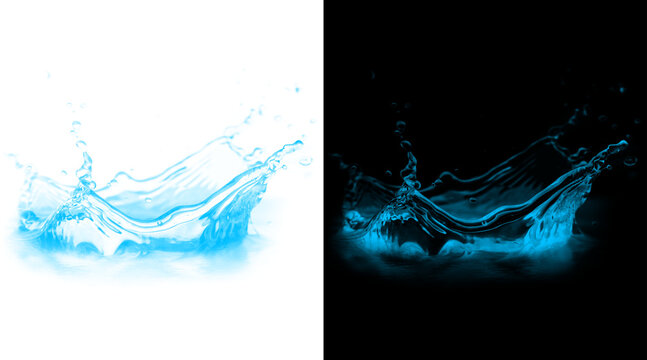 Dynamic blue water splash crown, realistic liquid ripple effect on white and black backgrounds, fresh aquatic wave motion for beverage advertising