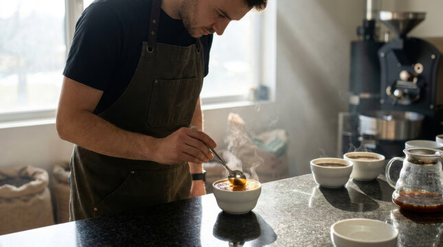 Artisan sensory evaluation in tasting room, aroma rising from bowl, focused man near counter