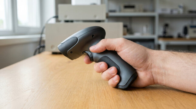 Ergonomic scanner grip testing in hand on wooden table in office