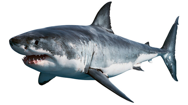 Great white shark swimming with open mouth showing sharp teeth