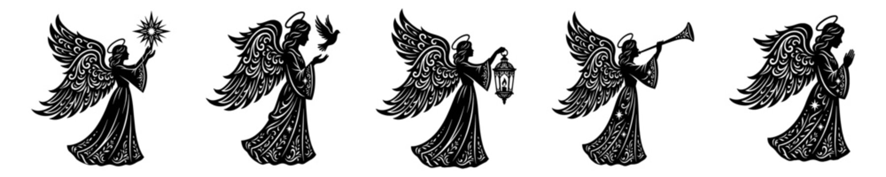 Christmas angels silhouette vector set with star dove lantern trumpet and praying hands, Angels cricut papercut laser engraving and memorial d&eacute;cor