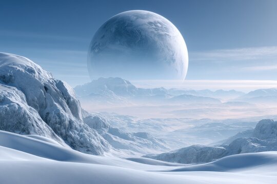 Expansive snowy alien landscape under a giant distant icy planet in a serene blue sky with mountainous icy terrain and soft mist in the valley below