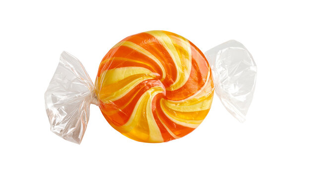 Orange and yellow swirl hard candy wrapped in clear plastic