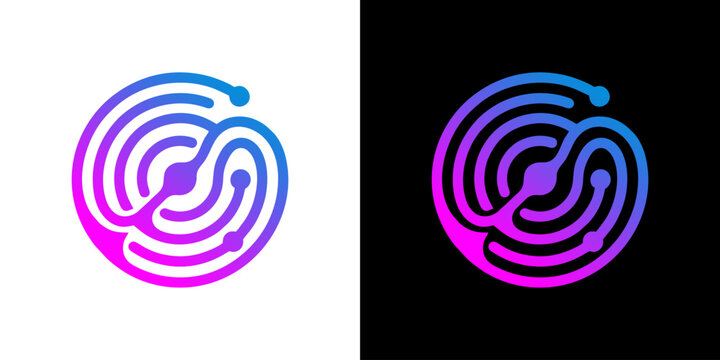 Abstract circular circuit logo design with digital tech gradient for software and data connectivity branding on black and white backgrounds