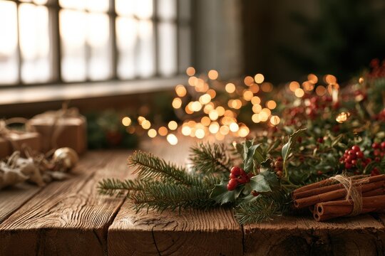 Holiday background on natural wood surface with greenery, gifts and warm glow