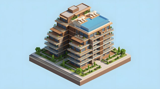Isometric luxury apartment complex with rooftop swimming pool.