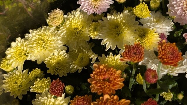 Warm toned composition of chrysanthemum flowers with pale yellow, orange, and soft pink petals in a garden setting