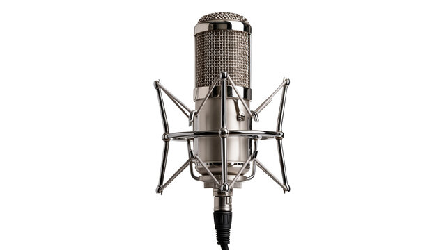 Silver condenser studio microphone with metal shock mount and black audio cable