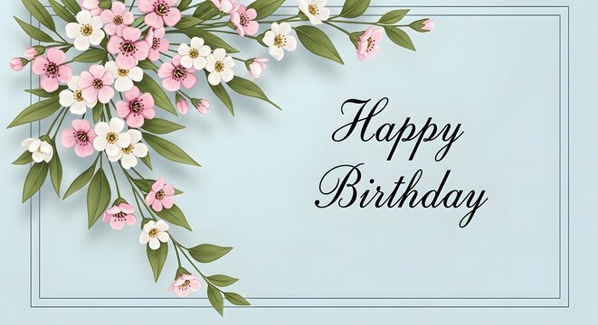 A beautiful floral happy birthday greeting card design featuring delicate pink cherry blossoms and elegant calligraphy text set against a soft light blue background template
