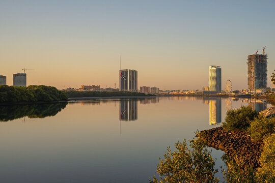   Ras al Khaimah emirate  viewin the northern United Arab Emirates  cityscape landmark and skyline view above the mangrove and corniche downtown area at dawn