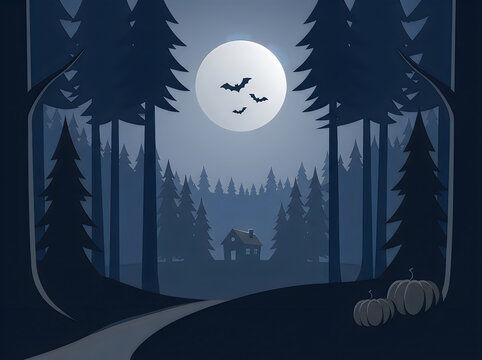 Spooky halloween forest landscape with a full moon and flying bats at night in flat vector style