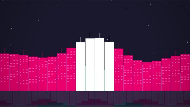 Minimalist pixel art city skyline animation with pink and white buildings at night.