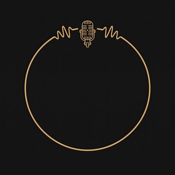 Podcast circular frame with vintage microphone in gold line art