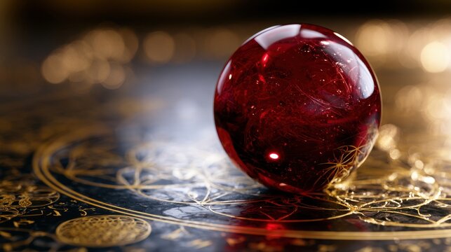 A deep red orb resting on an intricate golden alchemy circle with esoteric symbols glowing softly in warm ambient light