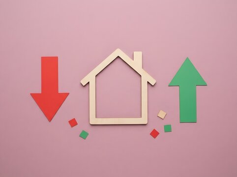 Wooden house frame with green up arrow and red down arrow on pink