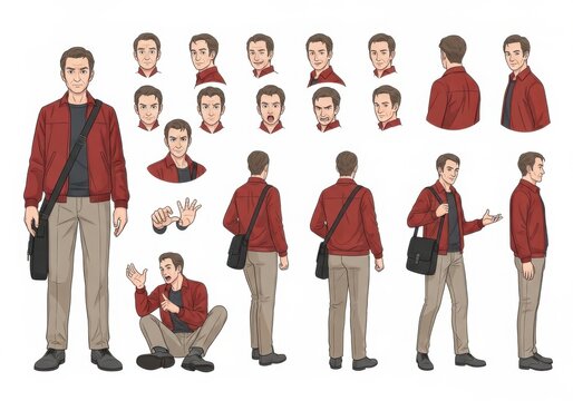 Character sheet of a middleaged man in casual clothes with various poses and facial expressions