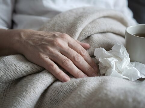 Person hand resting on blanket with used tissue and warm tea