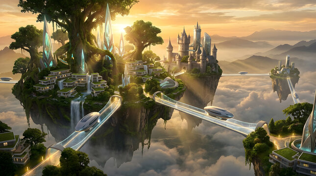Floating fantasy city with crystal bridges and ethereal castle.