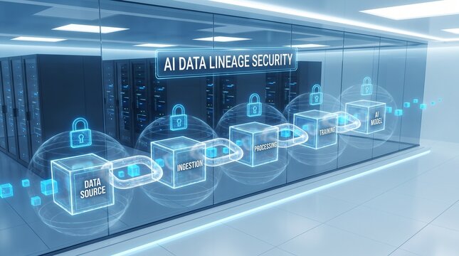 Ai data lineage security concept with glowing digital blocks and protective padlock icons in a server room AI security digital protection data integrity blockchain technology data encryption