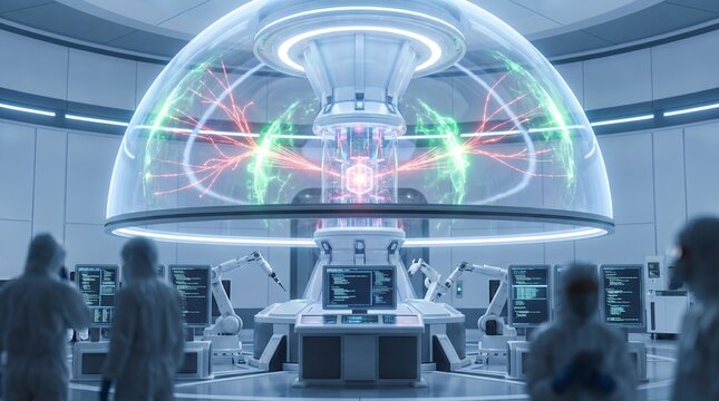 Team of researchers observing a glowing holographic neural interface inside a sterile laboratory with research team glowing plasma science research advanced technology high tech data visualizatio