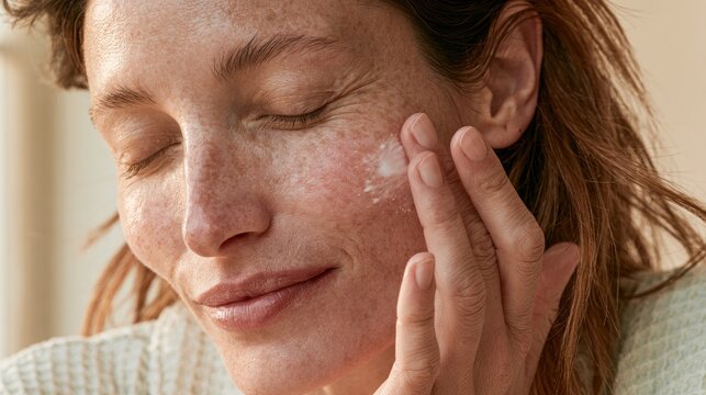 Woman applying facial cream with natural skin texture