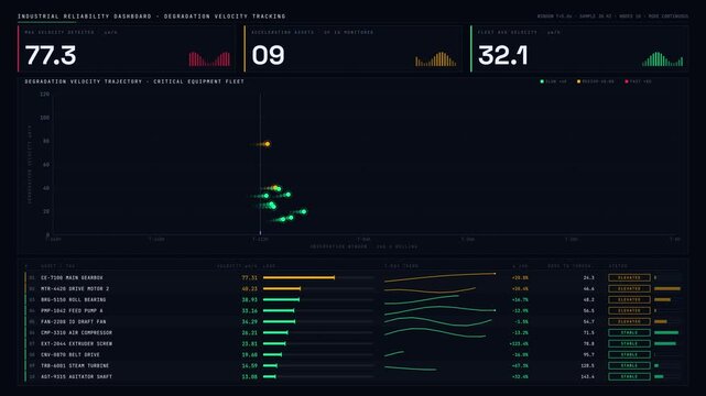 Explore an advanced industrial reliability dashboard showcasing degradation velocity tracking on critical equipment with animated charts and KPI blocks in dark mode.