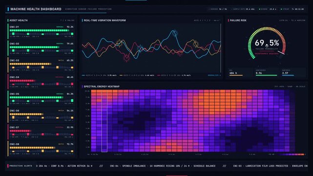 Experience a sophisticated 4K machine health dashboard showcasing vibration sensor failure prediction with real-time data visualizations and an engaging dark-mode design.