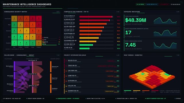 Explore the Maintenance Intelligence Dashboard showcasing equipment prioritization by failure consequence risk in a dark-mode layout with animated data visualizations and KPI metrics.