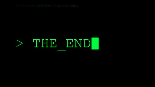 Retro computer screen displaying green text with the words 'The End'